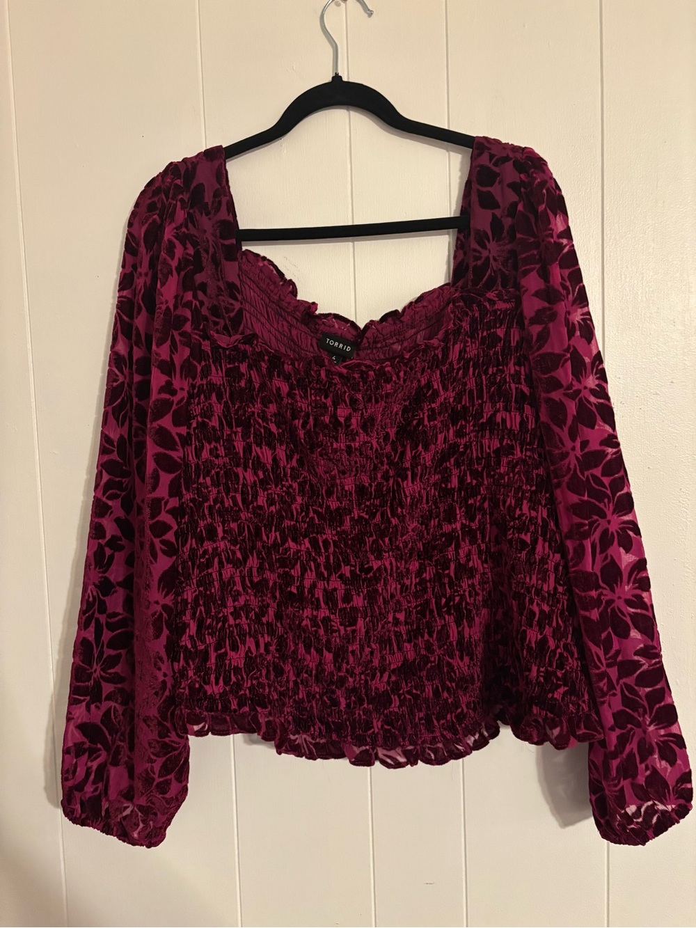 TORRID Magenta Floral Velvet Smocked Peasant Blouse